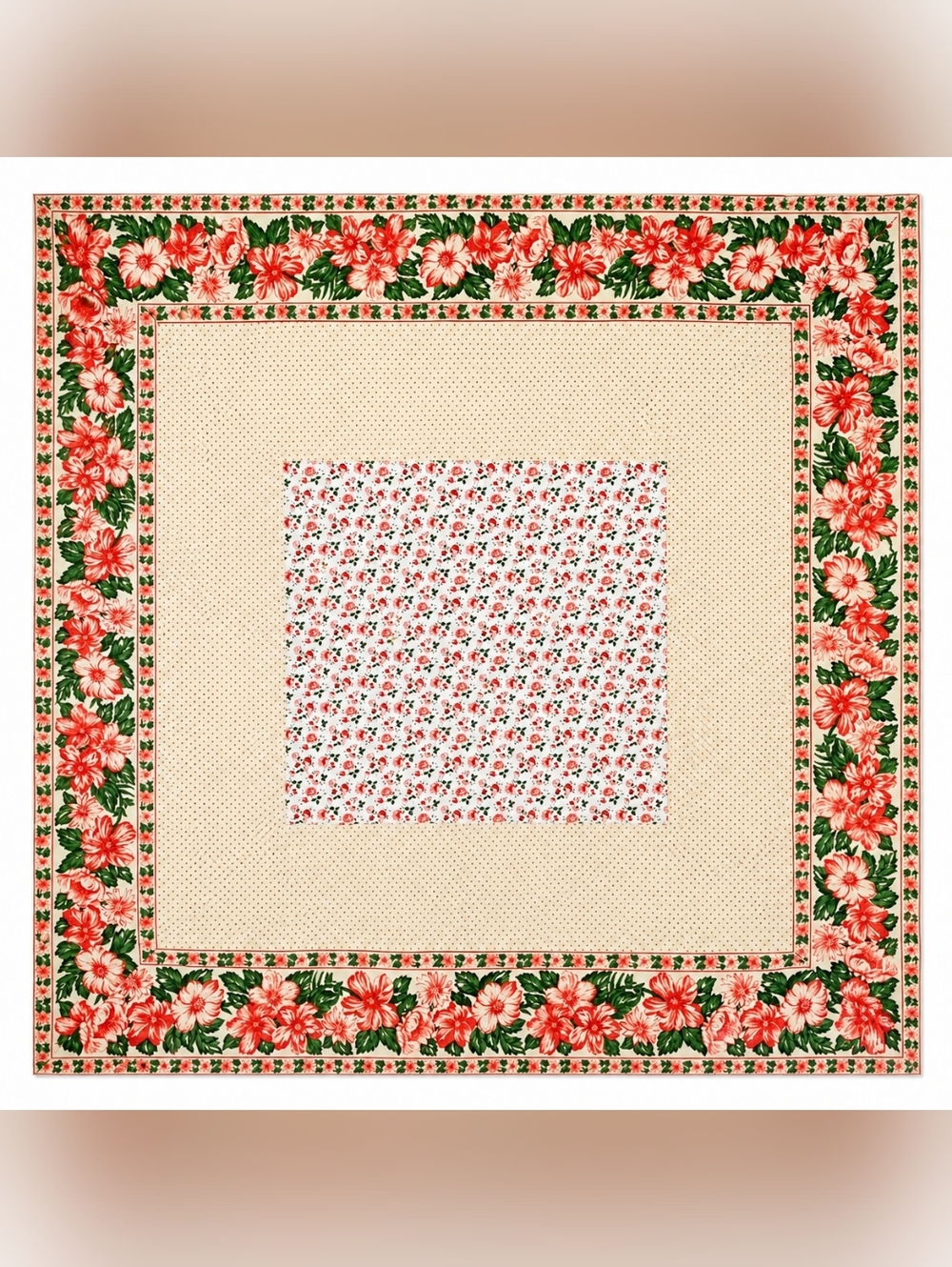 Vtg April Cornell Tablecloth JULY Floral Polkadot 48 X 56" Cotton Cottagecore